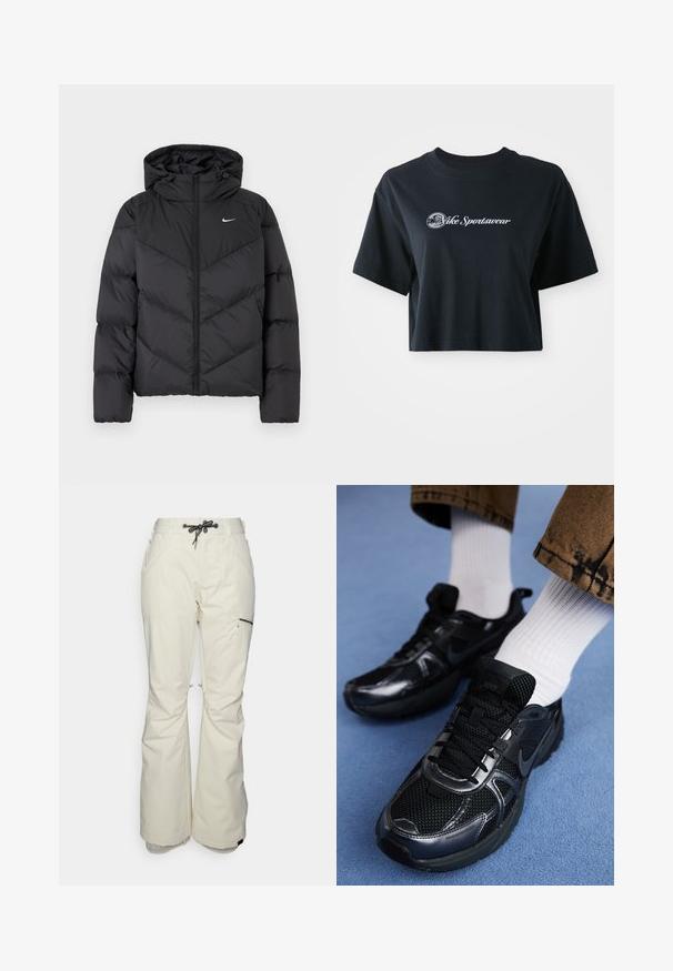 Musta puhvijakku, jossa on vetoketjukiinnitys ja huppu. Chevron-kuvio kehossa, pieni valkoinen logo rinnassa. Sileä pinta.; Mustat puuvillaiset t-paidat, joissa on lyhyet hihat, etupuolella valkoiset tekstit "Vice Sportswear" ja ympyräkuvio.; Valkoiset lumihousut, joissa on naru vyötäröllä, vetoketjullinen sivutasku ja levenevät lahkeet. Valmistettu kestävästä, säänkestävästä materiaalista.; Musta Nike-urheilukengät, joissa on verkkopintaa kiiltävillä yksityiskohdilla, mustat nauhat ja teksturoitu pohja. Yhdistetty valkoisiin ribbipolkimiin.