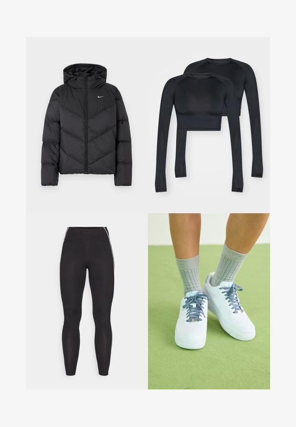 Čierna prešívaná bunda s náZipom a kapucňou. Tvarovaná vzorka na tele, s malým bielym logom na hrudi. Hladký povrch.; Čierne krátke dámske tričká s dlhým rukávom vyrobené z hladkej elastickej látky. Majú okrúhly výstrih a kontrastné švy pre zvýraznenie detailov.; Čierne legíny vyrobené z elastického materiálu s vysokým pásom. Obsahujú biele bočné pruhy a hladkú textúru po celom povrchu.; Biele kožené tenisky s modrými akcentmi, perforovaným dizajnom na špičke a textúrovanými modro-bielymi šnúrkami, nosené so sivými rebrovanými ponožkami.