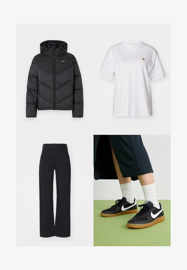 Melna pūka jaka ar rāvējslēdzēju un kapuci. Ķermeņa daļā ir chevron raksts, ar mazu baltu logo uz krūtīm. Gluda tekstūra.; Balta kokvilnas T-kreklā ar brīvu piegriezumu, īsām piedurknēm un mazu izšūtu logotipu kreisajā krūtīs.; Melni augstās jostas plats kāju džinsi ar priekšējo pogu un rāvējslēdzēja aizdari, jostas cilpām un divām priekšējām kabatām uz balta fona.; Melna āda un sintētiska materiāla sporta apavi ar baltu Nike logo, gumijas zole, apaļa purngala forma un melni šņores. Redzamas ribotas baltas zeķes.