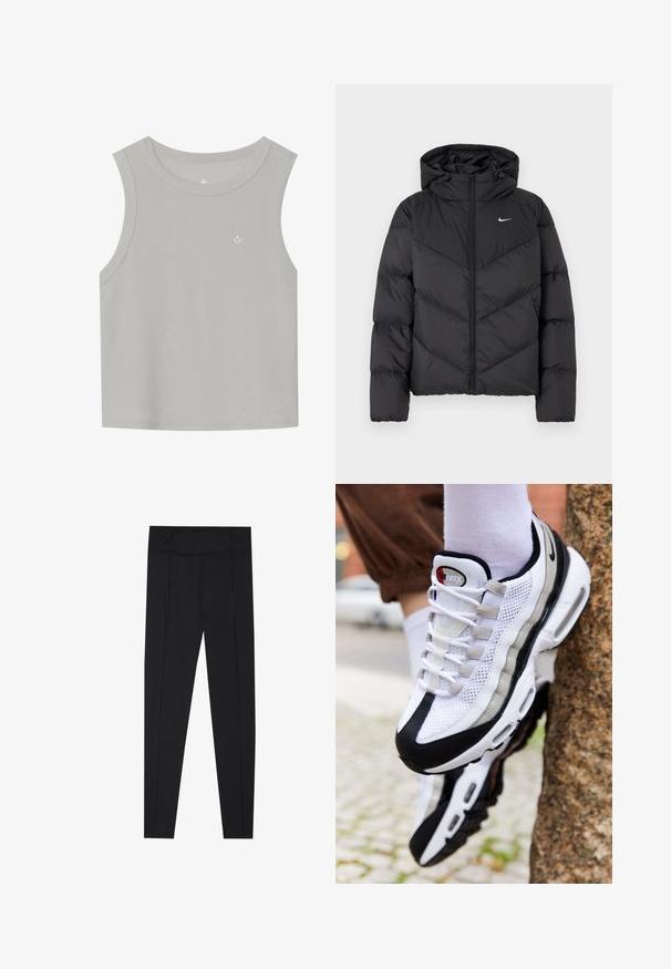 Czarna kurtka puchowa z zamkiem błyskawicznym i kapturem. Wzór w chevron na korpusie, z małym białym logo na klatce piersiowej. Gładka textura.; Jasnoszara bezrękawnik z materiału ribbed; posiada okrągły dekolt i małe białe logo z przodu. Prosty design.; Czarne legginsy o gładkiej fakturze, wysokim stanie i detalu stębnowania po bokach. Dopasowany krój, odpowiednie do różnych aktywności.; Białe i czarne siatkowe sneakersy z gładkim srebrnym akcentem, z zaokrąglonym noskiem, sznurowanym zapięciem i miękką podeszwą.
