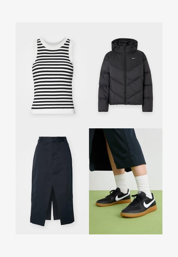 Zwarte pufferjack met een ritssluiting en een capuchon. Chevronpatroon op het lichaam, met een klein wit logo op de borst. Glad textuur.; Geribbelde gebreide mouwloze top met zwart-witte horizontale strepen, ronde halslijn en een getailleerde pasvorm.; Donker marineblauwe midi-rok van een katoenmix, met een valse split, verborgen rits en zijzakken voor functionaliteit.; Zwarte leren en synthetische sneakers met witte Nike swoosh, rubberen gumzool, ronde neus en zwarte veters. Geribbelde witte sokken zichtbaar.