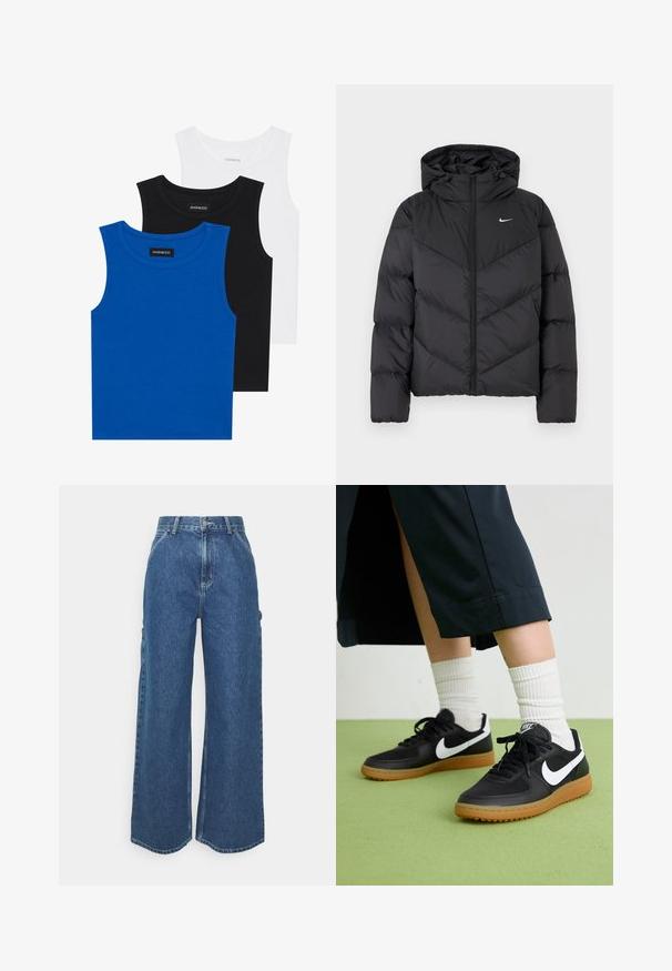 Melna pūka jaka ar rāvējslēdzēju un kapuci. Ķermeņa daļā ir chevron raksts, ar mazu baltu logo uz krūtīm. Gluda tekstūra.; Trīs bezpiedurkņu krekli zilā, melnā un baltā krāsā. Audums ir ribots ar apaļu kakla izgriezumu. Katram kreklam ir birka ar uzrakstu "even&odd."; Platleņķa zili džinsi ar augstu jostasvietu, kontrastējošām šuvēm un sānu kabatām, ar klasisku piecu kabatu dizainu un neapstrādātiem malām.; Melna āda un sintētiska materiāla sporta apavi ar baltu Nike logo, gumijas zole, apaļa purngala forma un melni šņores. Redzamas ribotas baltas zeķes.