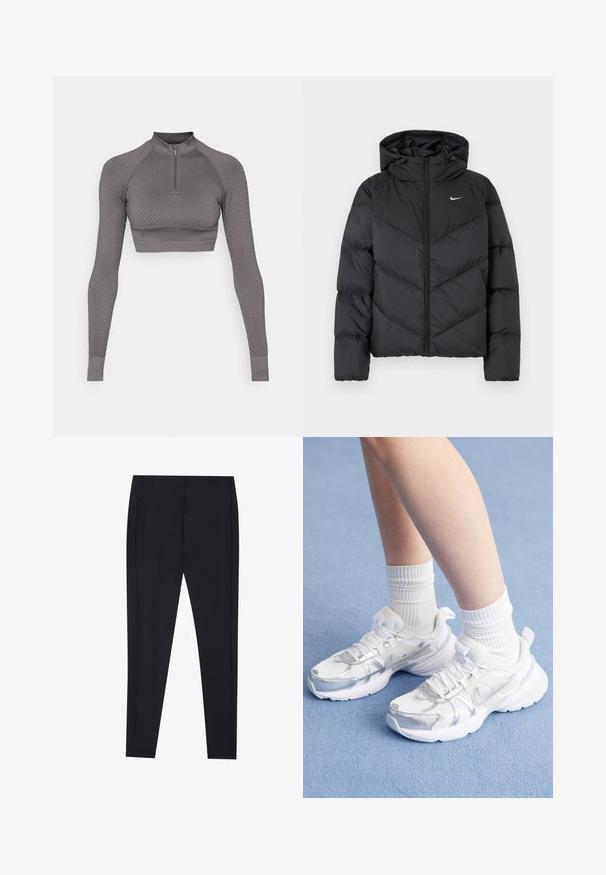 Schwarze Puffjacke mit Reißverschluss und Kapuze. Chevronmuster auf dem Körper, mit einem kleinen weißen Logo auf der Brust. Glatte Textur.; Grau geschnittenes Langarmoberteil mit einem halben Reißverschluss, strukturiertem Muster und taillierter Passform; verfügt über gerippte Ärmelbündchen und einen hohen Kragen.; Schwarze Leggings mit tailliertem Design, glatter Textur und ohne sichtbare Muster. Verfügt über seitliche Nähte und eine klare, minimalistische Silhouette.; Weiße Sportschuhe aus Mesh und synthetischen Überzügen mit einem silbernen Nike-Swoosh, kombiniert mit gerippten weißen Socken auf einer blauen Fläche.