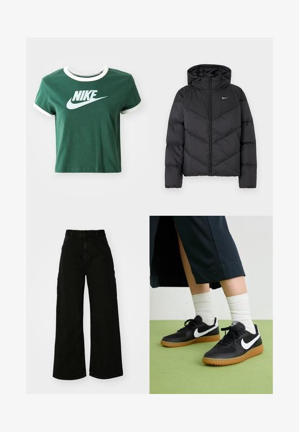 Črna puhovka z zadrgo in kapuco. Chevron vzorec na telesu, z majhnim belim logotipom na prsih. Gladka tekstura.; Zeleni bombažni majica s belimi poudarki, kratkimi rokavi in rebrastim ovratnikom. Na sprednji strani ima velik bel Nike logo.; Črne široke hlače cargo iz denima, z visokim pasom, sprednjim gumbom in stranskimi žepi. Gladka tekstura z minimalnim šivanjem.; Črne usnjene in sintetične superge z belim Nike swooshom, gumo na podplatu, okroglo konico ter črnimi vezalkami. Vidne so rebraste bele nogavice.
