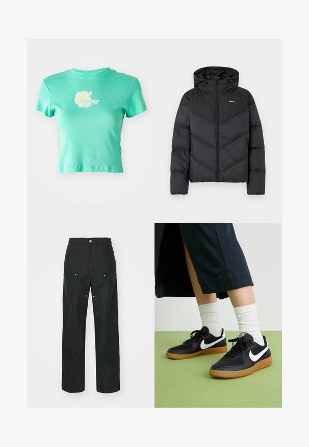 Črna puhovka z zadrgo in kapuco. Chevron vzorec na telesu, z majhnim belim logotipom na prsih. Gladka tekstura.; Skrajšana majica iz svetlo teal tkanine z cvetličnim vzorcem in logotipom "ROXY" v beli in rumeni barvi na sprednji strani. Kratki rokavi.; Črne hlače ravnega kroja, izdelane iz teksturirane tkanine. Opremljene so z dekorativnim srebrnim okovjem in edinstvenimi detajli šivov.; Črne usnjene in sintetične superge z belim Nike swooshom, gumo na podplatu, okroglo konico ter črnimi vezalkami. Vidne so rebraste bele nogavice.