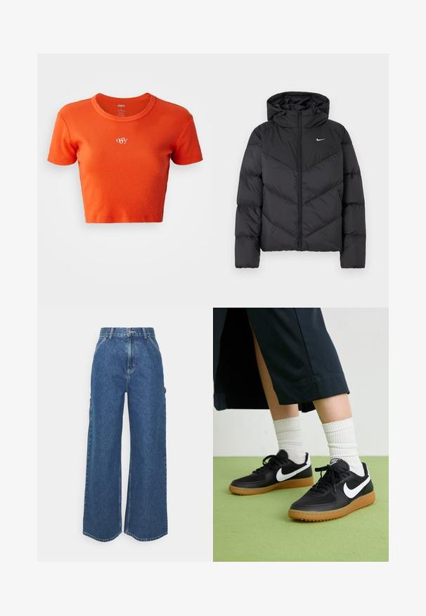 Geacă puf neagră cu închidere cu fermoar și glugă. Model în dungi pe corp, cu un mic logo alb pe piept. Textură netedă.; Tricou scurt portocaliu, realizat din material ribat, cu guler rotund și un mic logo alb "obey" brodat pe piept.; Pantaloni din denim albastru cu talie înaltă și picioare largi, cu o cusătură contrastantă și buzunare laterale, având un design clasic cu cinci buzunare și margini brut.; Sneakers negre din piele și material sintetic cu logo-ul alb Nike, talpă din cauciuc, vârful rotund și șireturi negre. Șosete albe cu nervuri vizibile.