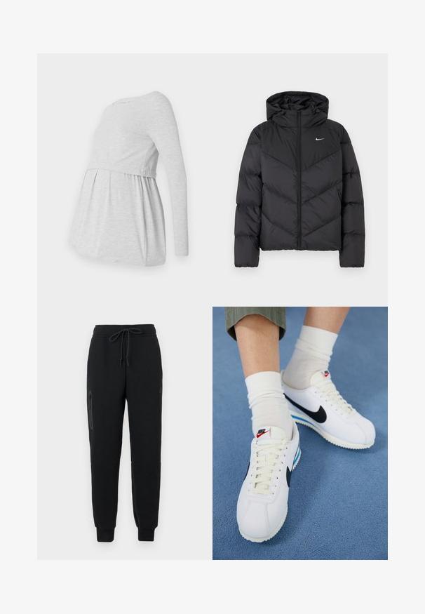 Black puffer jacket featuring a zip closure and a hood. Chevron pattern on the body, with a small white logo on the chest. Smooth texture.; Light gray long-sleeve maternity top with a round neckline, flowing A-line design, and gathered fabric below the bust for comfort.; Black sweatpants with a drawstring waistband, zippered side pocket, and tapered cuffs. Made from soft, textured fabric.; White Nike sneakers with black swoosh, lace-up front, and white soles featuring blue accents. Worn with white crew socks over green pants.