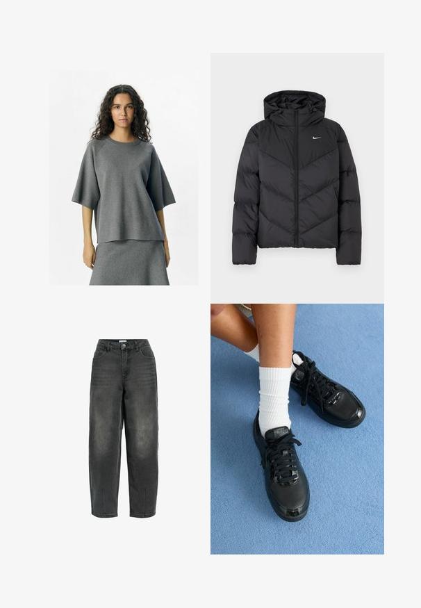 Svart pufferjakke med glidelås og hette. Chevron-mønster på kroppen, med en liten hvit logo på brystet. Glatt tekstur.; Grå strikket topp med en avslappet passform, raglanermer og rund hals. Materialet har en myk tekstur, kombinert med en matchende bunn.; Sorte denimjeans med løs pasform, som har forklet lommer, knaplukning, subtile falmninger og syninger langs sømmene.; Sorte Nike-sneakers har en teksturert overdel, blanke detaljer og runde skolisser. De er kombinert med hvite ribbede sokker på en lyseblå overflate.