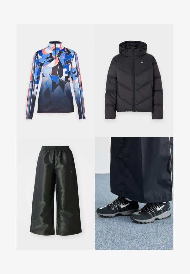 Schwarze Puffjacke mit Reißverschluss und Kapuze. Chevronmuster auf dem Körper, mit einem kleinen weißen Logo auf der Brust. Glatte Textur.; Bogner Fire + Ice Langarmshirt - multicolor; Schwarze Sporthose aus glänzendem, glattem Stoff, mit einem elastischen Bund, weitem Bein und einem kleinen Logo auf der linken Seite.; Schwarze Sportschuhe mit einer strukturierten Oberseite, silbernen Akzenten und einer gemusterten Außensohle, kombiniert mit einem schwarzen langen Kleidungsstück. Auf einem blauen Teppich drapiert.