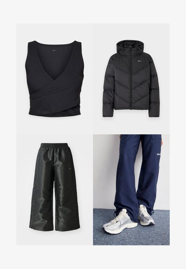 Fekete puffkabát, cipzáras záródással és kapucnival. A testen chevron mintázat, a mellen pedig egy kicsi fehér logó található. Simaszerű textúra.; Fekete, V-nyakú, keskeny pántú tank top, bordás anyagból készült. Testhez álló fazonú, a bal felső részen egy kis logóval.; Fekete sportnadrág fényes, sima anyagból, rugalmas derékkal, széles lábakkal és egy kis logóval a bal oldalon.; Nike sportcipők ezüst hálós felsőrésszel, fehér kiegészítőkkel és texturált talppal, lazán illeszkedő sötétkék nadrággal párosítva.