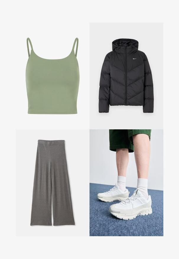 Černá péřová bunda s zipovým zapínáním a kapucí. Chevron vzor na těle, s malým bílým logem na hrudi. Hladká textura.; Olivově zelený úzký top s tenkými ramínky, hladkou strukturou a zaobleným výstřihem, navržený pro pohodlí a vrstvení.; Šedé, žebrované kalhoty s širokými nohavicemi a vysokým elastickým pasem. Materiál vypadá měkce a strukturovaně, poskytující uvolněný střih po celé délce.; Bílé sportovní boty s texturovanými překryvy, masivní podrážkou a šedými akcenty. Na nohou mají bílé ponožky a zelené šortky na modrém povrchu.