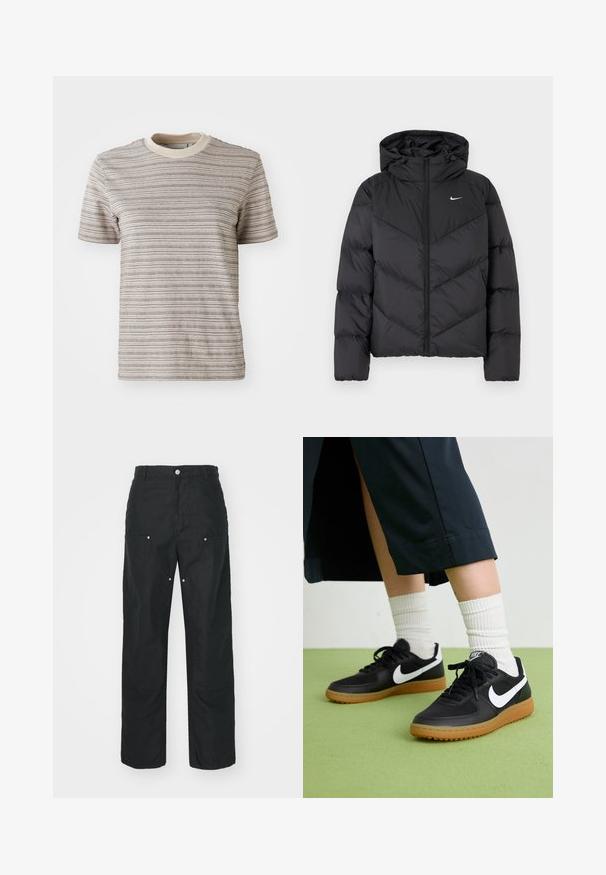 Fekete puffkabát, cipzáras záródással és kapucnival. A testen chevron mintázat, a mellen pedig egy kicsi fehér logó található. Simaszerű textúra.; Csíkos, rövid ujjú póló bézs és krém színben. Kerek nyakú, kontrasztos gallérral és textúrált anyagmintával rendelkezik.; Fekete nadrág, egyenes lábbal, textúrált anyagból készült. Dekoratív ezüst hardware-rel és egyedi varrási részletekkel rendelkezik.; Fekete bőr és szintetikus sneakers, fehér Nike logo-val, gumi talppal, kerek orral és fekete fűzővel. Csíkos fehér zokni látható.