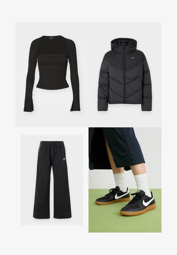Zwarte pufferjack met een ritssluiting en een capuchon. Chevronpatroon op het lichaam, met een klein wit logo op de borst. Glad textuur.; Gina Tricot SOFT TOUCH SQUARE NECK TOP - Longsleeve - black; Zwarte trainingsbroek van zacht materiaal, met een elastische tailleband met koord, zijstrepen en een klein logo aan de voorkant links.; Zwarte leren en synthetische sneakers met witte Nike swoosh, rubberen gumzool, ronde neus en zwarte veters. Geribbelde witte sokken zichtbaar.