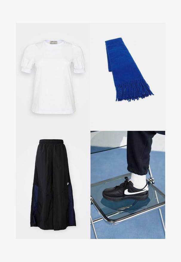 Giubbotto puffer nero con chiusura a zip e cappuccio. Motivo a chevron sul corpo, con un piccolo logo bianco sul petto. Texture liscia.; T-shirt bianco a maniche corte in cotone, con scollatura rotonda e maniche a palloncino con polsini elasticizzati. Design semplice e classico.; Pantaloni neri a gamba larga realizzati in tessuto leggero, con un pannello laterale blu navy e una cintura elastica. Piccolo logo bianco sul fondo.; Sneakers Nike neri con accenti bianchi, caratterizzati da una superficie in pelle liscia, design con lacci e punta rotonda, posizionati su una sedia di vetro.; Sciarpa blu intrecciata con estremità frangiate, texture liscia, forma rettangolare e colore uniforme su tutta la superficie. Adatta per il freddo.