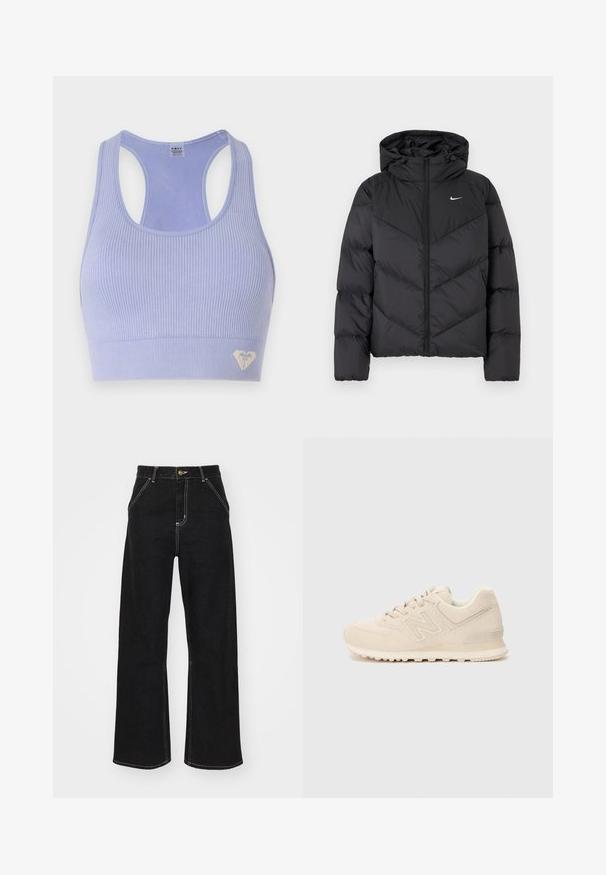Černá péřová bunda s zipovým zapínáním a kapucí. Chevron vzor na těle, s malým bílým logem na hrudi. Hladká textura.; Světlý fialový sportovní podprsenka s žebrovaným vzorem, kulatým výstřihem a závodním střihem na zádech, s malým srdíčkem v dolním rohu.; Černé široké džínsy vyrobené z denimu, s kontrastním bílým prošitím a předním zapínáním na knoflík, se dvěma šikmými předními kapsami.; Béžové tenisky New Balance s svrchní částí z semiše a síťoviny, šněrováním, polstrovaným límcem a texturovanou gumovou podrážkou na bílém pozadí.