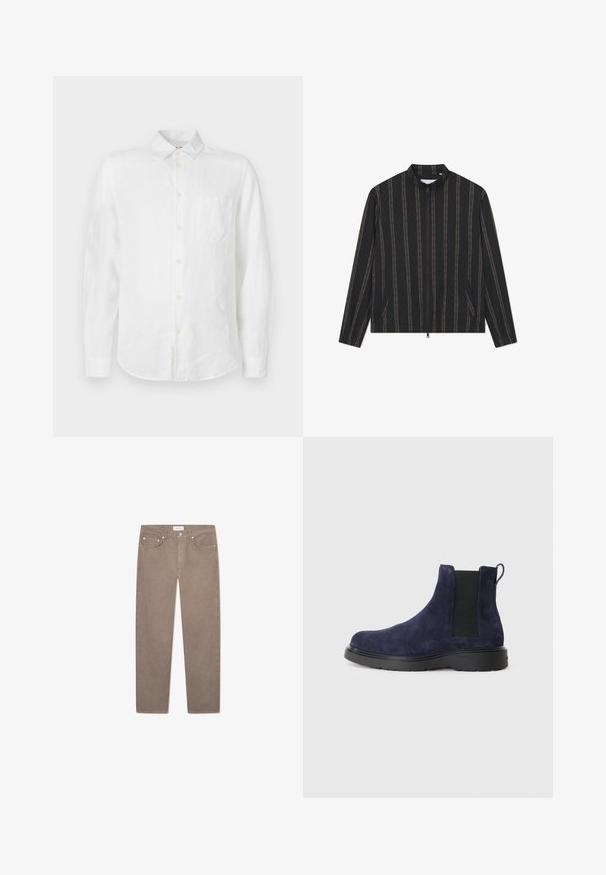 Must jacket kõrge kraega, õhukesed vertikaalsed pruunid triibud, lukuga kinnitamine, kaks küljetaskut ja kerge kangast tekstuur.; Valge pika varrukaga lina särg, millel on nööbitav krae, üks rinna tasku ja pärlikujulised nööbid. Sile tekstuur ja mugav lõige.; Taupe värvi sirge lõikega teksad, valmistatud denimist, nupuga sulguriga, viie taskuga ja hõbedase viimistlusega. Sile, tekstureeritud viimistlus.; Tumesinine nahast Chelsea saapad elastsete külgpaelte ja tõmbluku abil. Must kummist tald tekstuuriga viimistlusega, et tagada haarduvus ja vastupidavus.
