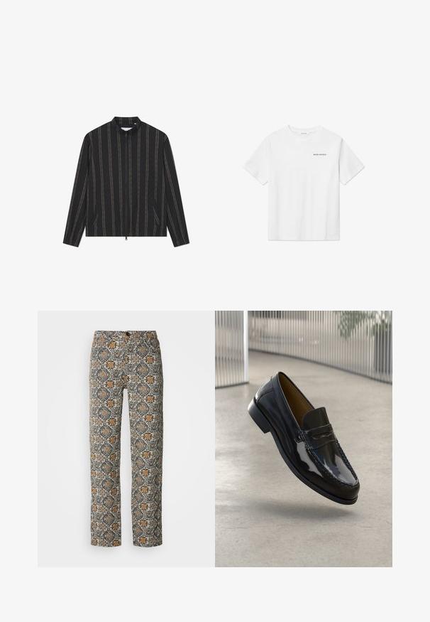 Crna jakna s visokim okovratnikom, tanke vertikalne pruge u smeđoj boji, zatvaranje na zip, dva bočna džepa i lagana tekstura tkanine.; Bijela pamučna majica s kratkim rukavima, okruglim izrezom i malim crnim logotipom "WOOD WOOD" na lijevoj strani grudi. Glatka tekstura, standardna veličina.; Hlače s cvjetnim uzorkom u bež, crnoj i narančastoj boji. Izrađene su od lagane tkanine, s ravnim krojem i kopčanjem na dugme.; Crne lakirane kožne mokasine s prošivenim akcentom, okruglim vrhom, niskim potplatom i glatkom površinom, prikazane na neutralnoj pozadini.