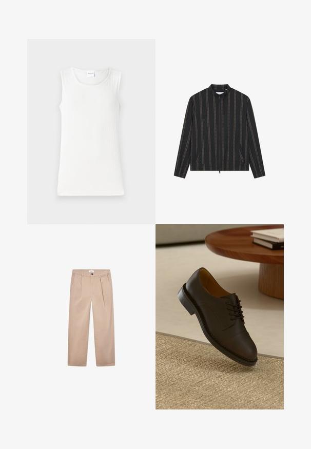 Juodas švarkas su aukštu apykakle, plonomis vertikaliomis rudos spalvos juostelėmis, užtrauktuko uždarymui, dviem šoniniais kišenėmis ir lengvos tekstūros audiniu.; Baltos be rankovių marškinėliai, pagaminti iš išsitempiančio audinio, su apvaliu iškirpimu ir prigludusia siluetu, turintys glotnią tekstūrą.; Medvilniniai chaki spalvos kelnių su tiesiomis kojomis, turinčių dvi priekinės kišenes, sagą ir klasikinį siluetą.; Ruda odinė suknelės batai su tekstūruotu paviršiumi, raištelių dizainu, kontrastingomis siūlėmis ir tvirtu guminiu padu, pakibę virš audinio kilimo.