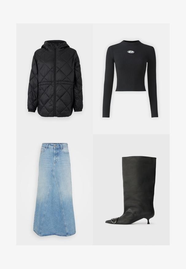 Zwarte gewatteerde pufferjack met capuchon, een rits aan de voorkant en elastische manchetten. Heeft een lineair ruitpatroon op de buitenstof.; Zwarte geribbelde longsleeve top met een aansluitende silhouet en een ronde halslijn. Heeft een centrale accenten van zilverkleurige hardware.; Lichtblauwe denim rok met een lange, A-lijn vorm, voorzien van een voornaad en een ruwe zoom. Klassieke vijf-pocket stijl en riemlussen inbegrepen.; Zwarte leren enkelboot met een spitse neus, een kleine hak en metalen accentdetails op de neus. Gladde, matte textuur overal.