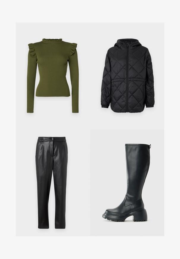Black quilted puffer jacket with a hood, front zipper, and elastic cuffs. Features a linear diamond pattern on the outer fabric.; Olive green ribbed long-sleeve top featuring a ruffled mock neck and shoulder accents, made from a stretchy fabric for a fitted silhouette.; Black leather pants with a smooth texture, straight fit, elastic waistband, and a front button closure; pleated detailing and tapered legs.; Tall black leather boot with chunky platform sole and block heel, featuring pull tab and textured tread on outsole.