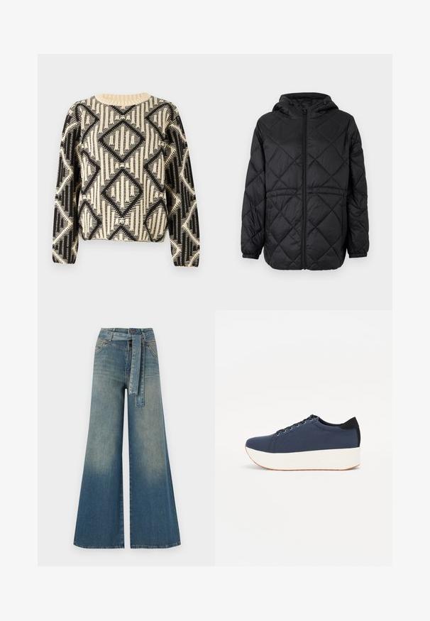 Jachetă puffer neagră, matlasată, cu glugă, fermoar frontal și manșete elastice. Prezintă un model în diamante line pe țesătura exterioară.; Pulover cu un model alb-negru, prezentând un design geometric în formă de diamant, guler rotund și mâneci lungi cu mansete ribbate.; Pantaloni din denim largi, cu un gradient de la albastru deschis la albastru închis, talie înaltă, bucle pentru curea și o curea din același material. Finisaj texturat din denim.; Sneaker albastru închis, cu un material texturat pe partea superioară, talpă platformă albă, vârf rotunjit și accent de călcâi negru. Dispune de șase găuri pentru șireturi.