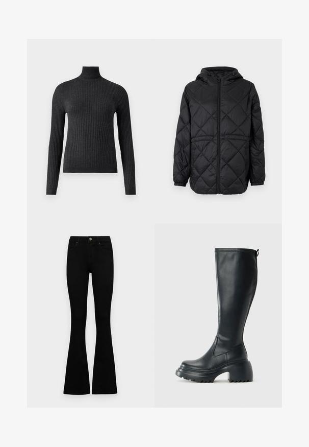 Giacca a vento trapuntata nera con cappuccio, zip frontale e polsini elastici. Presenta un motivo a rombi lineari sul tessuto esterno.; Maglione grigio scuro a collo alto realizzato in tessuto a costine, con maniche lunghe e una vestibilità aderente, caratterizzato da un alto collo e una vita.; Jeans neri a vita alta con chiusura a bottoni e zip, tasche frontali e gambali svasati, distesi su uno sfondo bianco.; Stivale lungo in pelle nera con suola piatta robusta e tacco a blocco, dotato di linguetta e battistrada testurizzato sulla suola.