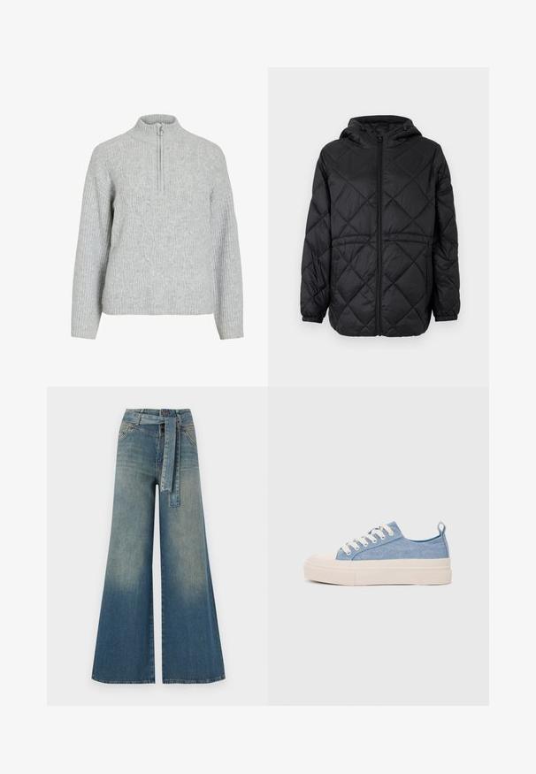 Svart quiltet pufferjakke med hette, frontlås og elastiske mansjetter. Har et lineært diamantsmønster på ytterstoffet.; Grå genser med glidelås og høy hals laget av strikket stoff, med et teksturert kabelmønster og ribbede ermer.; Bredde ben jeans med en lyseblå til mørkeblå gradient, høyt liv, beltehemper og et matchende belte i samme stoff. Teksturert denimoverflate.; Lys blå canvastøfler med en kremfarget gummitupp og yttersåle, med hvite snørebånd og en løfteløkke på hælen.