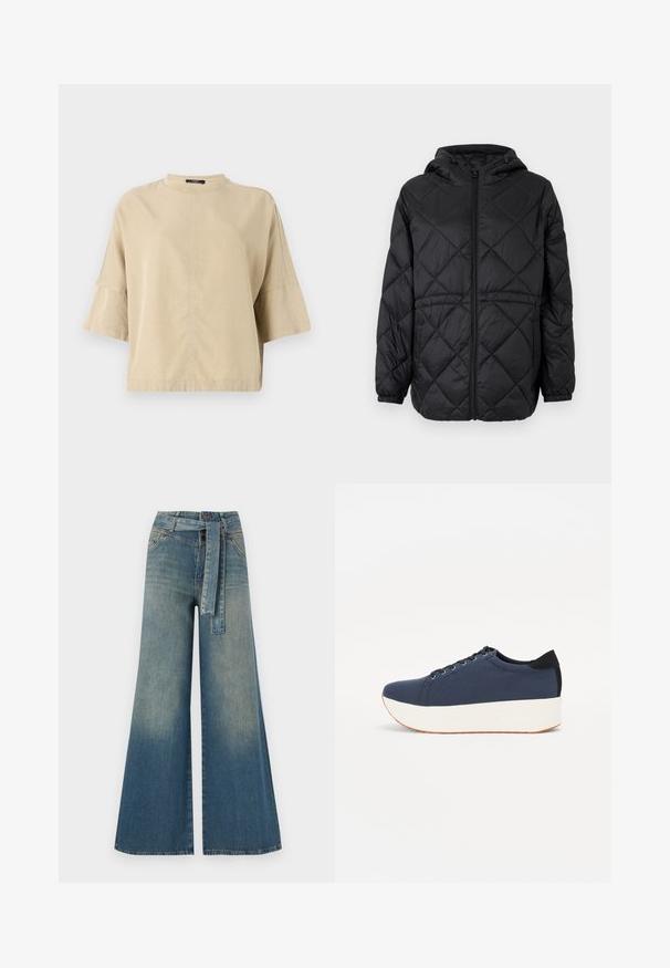 Melna kviltsēta pūkām puffer jaka ar cepuri, priekšējo rāvējslēdzi un elastīgām piedurknēm. Ārējā auduma virsma rotāta ar lineāru dimanta rakstu.; Bežs īsām piedurknēm tops ar augstu apkakli, brīvu piegriezumu un smalku šuvuma detaļu pa priekšu. Izgatavots no gludas, vieglas auduma.; Platām kājām džinsu bikses ar gaismas līdz tumši zilam gradientam, augstu jostas līniju, jostas cilpām un atbilstošu auduma jostu. Tekstūrēts džinsas apdare.; Navy zilo apavi ar strukturētu auduma augšdaļu, baltu platformas zoli, noapaļotu pirkstu daļu un melnu papēža akcentu. Iekļautas sešas acs caurumi šnuķēšanai.