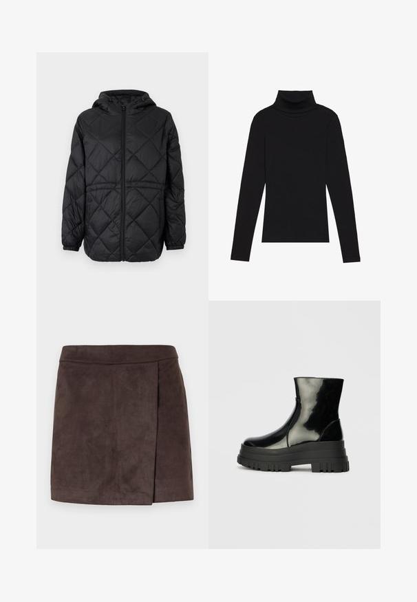 Čierna prešívaná puffer bunda s kapucňou, predným zipsom a elastickými manžetami. Obsahuje lineárny diamantový vzor na vonkajšom materiáli.; Čierny rolák s dlhým rukávom, vyrobený z rebrovanej tkaniny, má priliehavý strih s vysokým golierom a bez vzorov alebo akcentov.; Hnedá mini sukňa z umelého zamšu s hladkou textúrou, s bočným detailom záhybu, rovnou lemovaním a priliehavým pásom.; Čierne lesklé členkové čižmy s hrubou podrážkou a zaoblenou špičkou, bočný pohľad na jednoduchom svetlošedom pozadí.