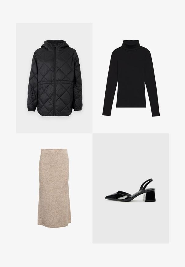 Veste enveloppante matelassée noire avec capuche, fermeture éclair à l'avant et poignets élastiques. Présente un motif en losanges linéaires sur le tissu extérieur.; Haut à manches longues noir à col roulé, fabriqué en tissu côtelé, présente un design ajusté avec un col haut et sans motifs ni accents.; Jupe midi en laine beige avec une texture douce, une taille élastique et une silhouette droite, présentant un subtil motif chiné.; Escarpins en cuir verni noir avec bout pointu et talon bloc géométrique. Présente un design élégant et minimaliste ainsi qu'une texture lisse.