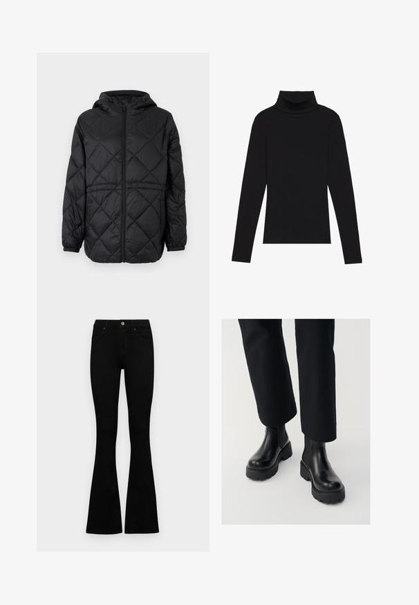 Svart quiltet pufferjakke med hette, frontlås og elastiske mansjetter. Har et lineært diamantsmønster på ytterstoffet.; Svart høyhalset langermet topp, laget av ribbestrikket stoff, har en tettsittende design med høy hals og uten mønstre eller dekorasjoner.; Sorte høytlivsjeans med knapp og glidelås, frontlommer og utsvingte bein liggende flatt på en hvit bakgrunn.; Svarte lærs støvler med chunky såle, elastiske sidepaneler og en jevn finish, kombinert med løse svarte bukser.