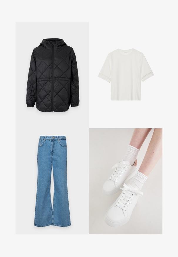 Crna jakna od kviltanog puffer materijala s kapuljačom, prednjim patentnim zatvaračem i elastičnim manžetama. Ima linearni dijamantski uzorak na vanjskom materijalu.; Bjela majica kratkih rukava od pamuka, s dekorativnom čipkastom obrubom duž rukava i okruglim izrezom.; Svijetloplave traperice s flared nogavicama, visokog struka, s pet džepova i jednim dugmetom za zatvaranje. Mekani materijal s izblijedjelim izgledom.; Bijele kožne tenisice imaju izraženokružićasti vrh, ravnu podlogu i debele vezice. Osvježene su svijetloružičastim petama i nošene s bijelim rebrastim čarapama.