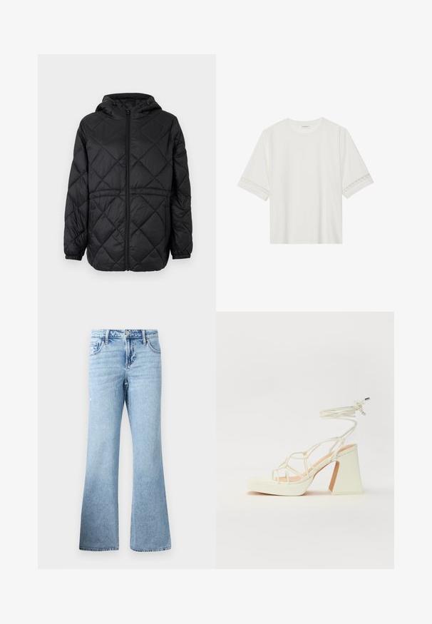 Casaco puffer preto acolchoado com capuz, fecho frontal e punhos elásticos. Apresenta um padrão de diamante linear no tecido exterior.; T-shirt branco de manga curta feito de algodão, com bainha de renda decorativa nas mangas e decote redondo.; Jeans flare azuis claros feitos de denim, com fecho de correr e botão, design padrão de cinco bolsos e detalhes subtilmente desgastados.; Sandálias brancas de salto alto com um salto robusto, apresentando um design com tiras e amarração no tornozelo. Textura suave com uma plataforma na frente para altura adicional.