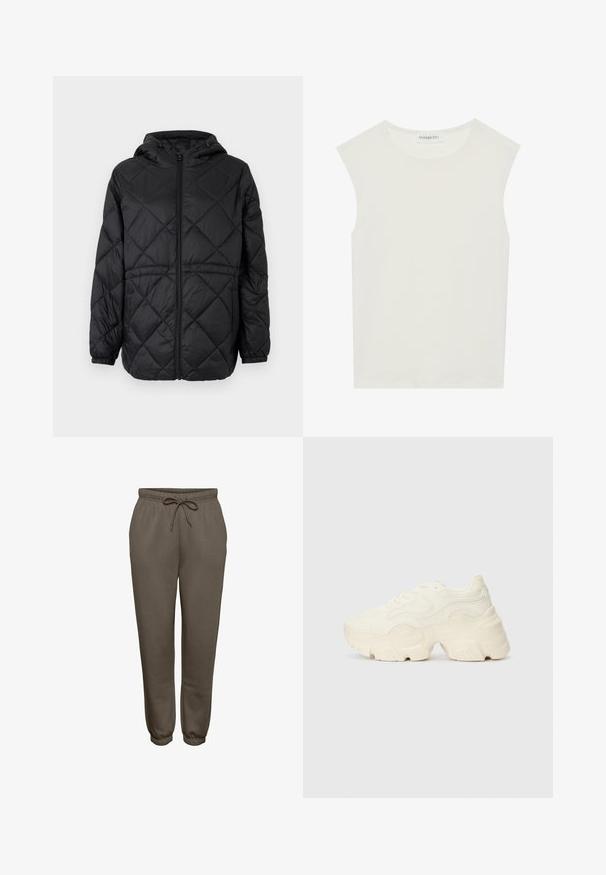 Zwarte gewatteerde pufferjack met capuchon, een rits aan de voorkant en elastische manchetten. Heeft een lineair ruitpatroon op de buitenstof.; Witte mouwloze top met een ronde halslijn. Gemaakt van gladde stof, het heeft een losse pasvorm en een minimalistisch ontwerp. Geen patronen of accenten.; Bruine sweatpants gemaakt van zachte stof, met een elastische tailleband en een trekkoord, en taps toelopende manchetten bij de enkels.; Chunky witte sneakers gemaakt van geperforeerd mesh en synthetische materialen, met een dikke zool en ingewikkelde patroon details aan de zijkanten.