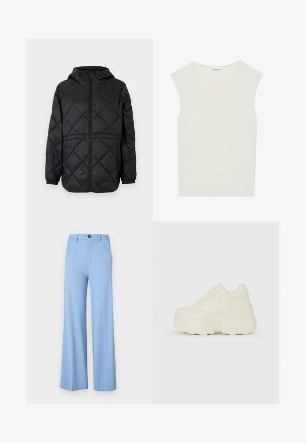 Black quilted puffer jacket with a hood, front zipper, and elastic cuffs. Features a linear diamond pattern on the outer fabric.; White sleeveless top with a round neckline. Made of smooth fabric, it features a relaxed fit and minimalist design. No patterns or accents.; Light blue wide-leg pants made from a smooth fabric, featuring a button closure and front pockets. Clean, tailored design with no patterns.; White platform sneakers featuring a smooth leather-like upper, rounded shape, padded collar, and textured rubber sole with defined treads.