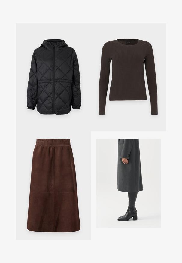 Black quilted puffer jacket with a hood, front zipper, and elastic cuffs. Features a linear diamond pattern on the outer fabric.; Brown, long-sleeve ribbed top with a crew neckline. Made from a smooth, stretchy material, featuring a fitted silhouette and minimal detailing.; Brown suede skirt with an elastic waistband, A-line shape, smooth texture, and no visible patterns or hardware.; Gray, tailored overcoat with a straight cut; paired with knee-high black leather boots featuring a square toe and chunky heel.