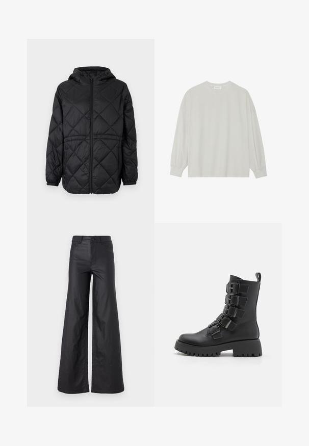 Czarna pikowana kurtka puchowa z kapturem, z przodu zapinana na zamek błyskawiczny i elastycznymi mankietami. Posiada liniowy wzór w romby na zewnętrznej tkaninie.; Jasnoszara, długorękawowa koszulka z miękkiej bawełny. Posiada luźny krój, okrągły dekolt oraz delikatnie marszczone mankiety. Brak wzorów i grafik.; Czarne, szerokie spodnie z materiału przypominającego skórę. Posiadają wysoki stan, szlufki na pasek, dwie przednie kieszenie oraz przeszycia.; Czarne botki za kostkę wykonane ze skóry, z licznymi metalowymi klamrami, grubą podeszwą platformową i pętelką z tyłu.