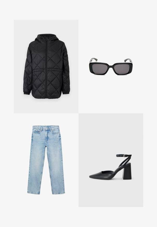 Črna prešita jakna s kapuco, sprednjim zadrgo in elastičnimi manšetami. Ima linearni diamantni vzorec na zunanjosti.; Bela kratka majica s kratkimi rokavi iz bombaža. Ima okroglo izrezovanje in sproščen kroj. Gladka tekstura brez vidnih vzorcev ali poudarkov.; Svetlo modri traper hlače s ravnimi hlačnicami, srednje visokim pasom in petimi žepi. Imajo subtilno zbledelost in klasične detajle šivanja.; Črne usnjene klasične čevlje z ostrim nosom, z zaponko za gleženj in debelim peto. Ravna tekstura, eleganten dizajn in minimalistična estetika.; Črne pravokotne sončne očala z temnimi lečami, gladkim plastičnim okvirjem in ukrivljenimi nogicami. Oblika je robustna in minimalistična.