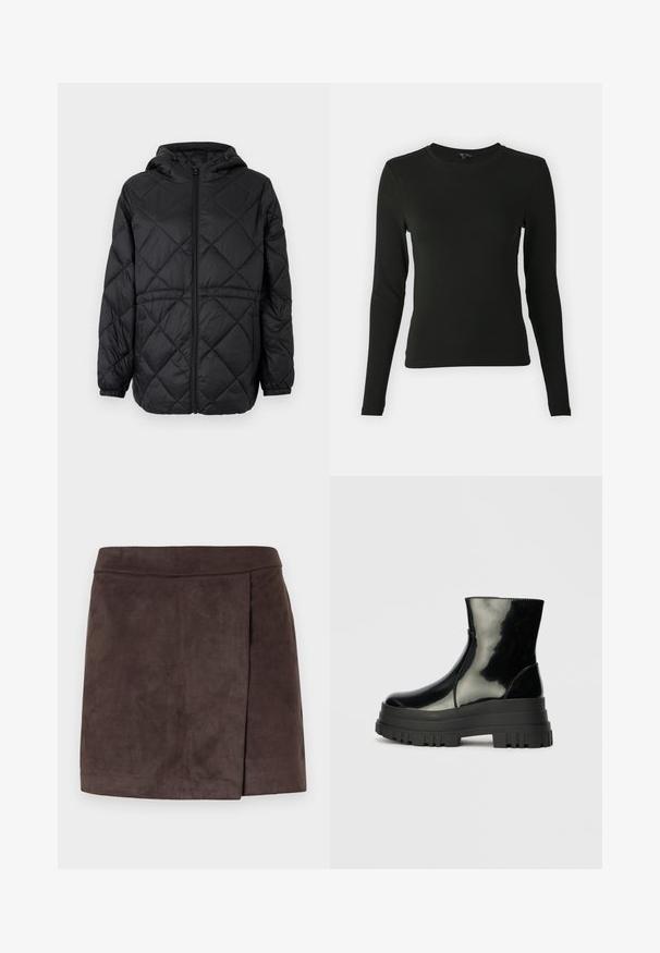 Musta vuorattu puffertakki hupulla, edessä vetoketjulla ja joustavuilla manšeteilla. Ulkopinnassa on lineaarinen timanttikuvio.; Pitkähihaista mustaa paitaa, joka on valmistettu sileästä kankaasta. Paidassa on pyöreä kaula-aukko ja se on muotoiltu istuvaksi, eikä siinä ole näkyviä kuvioita tai yksityiskohtia.; Ruskea tekonahkainen mini-hame, jossa on sileä pinta. Hameessa on sivupleat-t yksityiskohta, suora helma ja istuva vyötärö.; Musta kiiltävä nilkkuri paksulla karkealla pohjalla ja pyöristetyllä kärjellä, sivukuva vaaleanharmaalla yksinkertaisella taustalla.