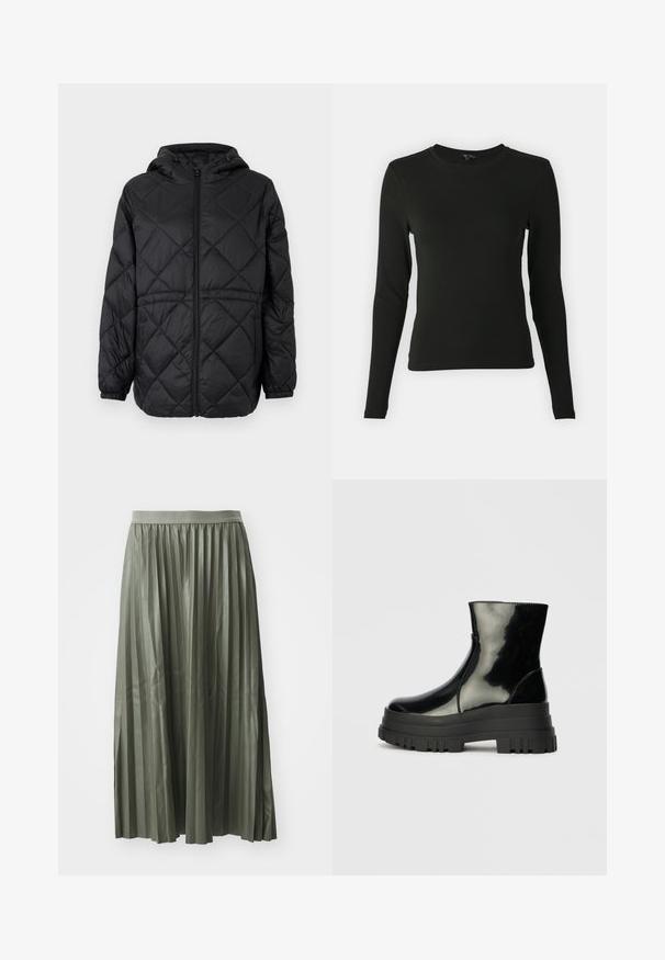 Fekete steppelt pufi dzseki kapucnival, elöl cipzárral és elasztikus mandzsettával. Az külső szövetét vonal menti gyémántmintázat díszíti.; Hosszú ujjú fekete ing sima anyagból, kerek nyakkivágással és testhezálló fazonnal, látható minták vagy díszítések nélkül.; Redőzött midi szoknya tompa zöld színben, fényes anyagból készült. Rugalmas derékpánttal rendelkezik, és a vádli közepéig ér, egyenletesen elhelyezett függőleges redőkkel.; Fekete fényes boka csizma vastag bordázott talppal és kerek orral, oldalnézet világos szürke háttér előtt.