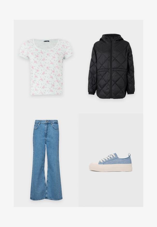 Veste enveloppante matelassée noire avec capuche, fermeture éclair à l'avant et poignets élastiques. Présente un motif en losanges linéaires sur le tissu extérieur.; Haut à manches courtes, de couleur menthe clair avec un col arrondi, arborant un motif floral en rose et violet, réalisé en tissu doux et texturé.; Jean flare bleu clair en denim, avec une taille haute, cinq poches et une fermeture à un bouton. Texture douce avec une finition décolorée.; Baskets en toile bleu clair avec une coque en caoutchouc crème et une semelle extérieure, dotées de lacets blancs et d'une languette au talon.