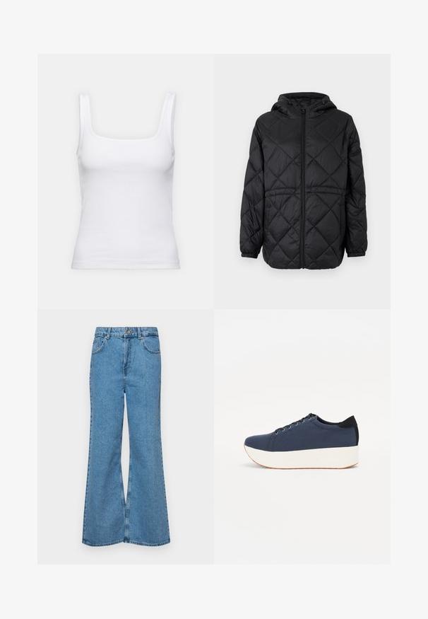 Čierna prešívaná puffer bunda s kapucňou, predným zipsom a elastickými manžetami. Obsahuje lineárny diamantový vzor na vonkajšom materiáli.; Biela rebrovaná tielko so štvorcovým výstrihom a úzkymi ramienkami, vyrobené z elastickej zmesi bavlny.; Svetlomodré rozšírené džínsy vyrobené z denimu, s vysokým pásom, piatimi vreckami a jednopoložkovým zapínaním na gombík. Mäkká textúra s vyblednutým povrchom.; Námornícky modré tenisky s textúrovaným textilným zvrškom, bielou platformovou podrážkou, zaoblenou špičkou a čiernym akcentom na päte. Obsahujú šesť otvorov na šnúrky.
