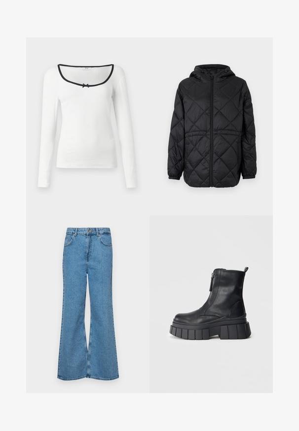 Fekete steppelt pufi dzseki kapucnival, elöl cipzárral és elasztikus mandzsettával. Az külső szövetét vonal menti gyémántmintázat díszíti.; Hosszú ujjú fehér ing négyzet alakú nyakkal, fekete díszítéssel és egy kis fekete masni részlettel a középen. Strukturált bordázott anyag.; Világoskék, trapézszárú farmernadrág, magas derékkal, öt zsebbel és egy gombos záródással. Puha tapintású, magasított effektusú anyag.; Fekete bőr bokacsizma vastag barázdált talppal és oldalsó cipzárral, semleges szürke háttérre helyezve.