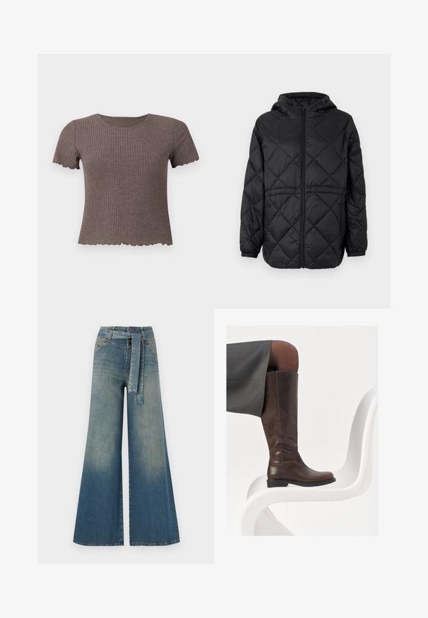 Juodas siuvinėtas pūkinis švarkas su gobtuvu, priekiniais užtrauktukais ir elastinėmis rankovėmis. Išorinis audinys turi linijinį deimantų raštą.; Ruda raukšlėta marškinėliai trumpomis rankovėmis su banguotu apvadu. Pagaminti iš minkštos medžiagos, su apvaliame iškirpimu ir prigludusia forma.; Platus džinsinis kelnes su šviesiai tamsiai mėlynu gradientu, aukštu juosmeniu, diržo kilpomis ir atitinkančiu audinio diržu. Textūruotas džinsinis paviršius.; Rudos odinės iki kelių botai su apvalia nosimi, lygiu paviršiumi ir minimaliais siuvinėjimais, laikomi prieš šviesų foną ant baltos kėdės.