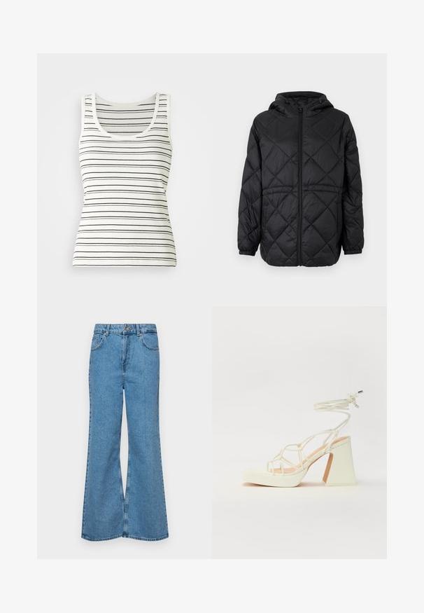 Melna kviltsēta pūkām puffer jaka ar cepuri, priekšējo rāvējslēdzi un elastīgām piedurknēm. Ārējā auduma virsma rotāta ar lineāru dimanta rakstu.; Svītrota bezpiedurkņu krekla ar apaļu apkakli off-white krāsā ar plānām melnām horizontālām svītrām. Tam ir ribota tekstūra un klasiskā bezpiedurkņu dizains.; Gaiši zili, platā piegriezuma džinsi, kas izgatavoti no denima, ar augstu jostasvietu, piecām kabatām un vienu pogu. Mīksta tekstūra ar nolietotu apdari.; Baltas augstpapēžu sandales ar masīvu papēdi, ar siksnu dizainu un potītes saistītiem elementiem. Gluda tekstūra ar platformu priekšpusē, lai nodrošinātu papildu augstumu.