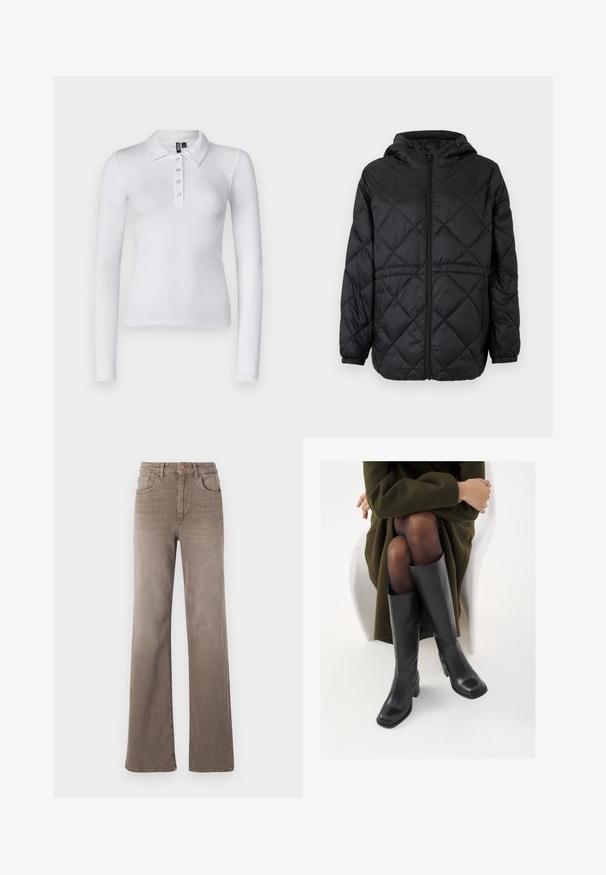 Fekete steppelt pufi dzseki kapucnival, elöl cipzárral és elasztikus mandzsettával. Az külső szövetét vonal menti gyémántmintázat díszíti.; Fehér, hosszú ujjú pólóing bordás anyagból, gallérral, öt gombos felső résszel és testhezálló fazonnal. Nincs rajta minta vagy díszítés.; Barna, magas derekú, egyenes szárú farmernadrág elülső gombbal, övhurkokkal és klasszikus öt zsebes kialakítással, fehér háttér előtt.; Térdfelett érő fekete bőr csizmák négyzet alakú orral és tömbtalppal, olajzöld kabátban ülő modellel bemutatva. Simaság, minimalista részletezés.