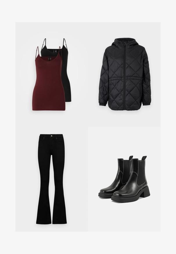 Zwarte gewatteerde pufferjack met capuchon, een rits aan de voorkant en elastische manchetten. Heeft een lineair ruitpatroon op de buitenstof.; Set van twee tanktops: één in donker bordeaux en één in zwart. Gemaakt van zachte, rekbare stof met dunne spaghettibandjes en een V-hals ontwerp.; Zwarte hoge taille jeans met een knoop- en ritssluiting, voorzakken en een flared pijp, plat gelegd op een witte achtergrond.; Zwarte leren Chelsea-boots met een chunky hak, elastische zijpanelen en contrasterende witte stiksels. Gestructureerde afwerking.