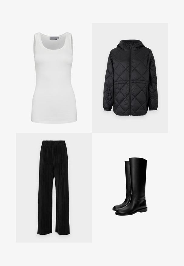 Jachetă puffer neagră, matlasată, cu glugă, fermoar frontal și manșete elastice. Prezintă un model în diamante line pe țesătura exterioară.; Top alb fără mâneci, confecționat dintr-un material moale și elastic, cu decolteu rotund și bretele înguste. Prezintă o textură netedă și un design ajustat.; Pantaloni negri plisati cu talie elastică. Prezintă picioare largi și un material neted, texturat, cu dungi verticale.; Cizme din piele negre, până la genunchi, cu o textură netedă, vârf rotund, talpă plată și un design minimalistic, având cusături vizibile și fără hardware.
