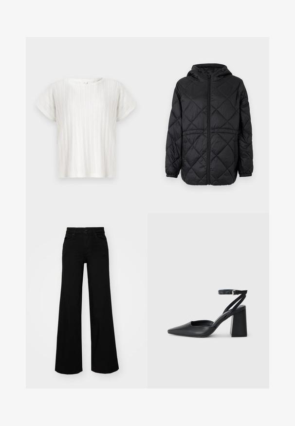 Casaco puffer preto acolchoado com capuz, fecho frontal e punhos elásticos. Apresenta um padrão de diamante linear no tecido exterior.; Top branco de manga curta com textura a riscas verticais e decote redondo. Corte descontraído. Tecido suave e leve. Sem fechos visíveis.; Calças largas pretas em denim, com uma cintura estruturada, passantes para cinto e bolsos frontais. Textura suave com um design clássico.; Sandal com biqueira afilada em couro preto, com cinta no tornozelo e salto grosso. Textura lisa, design elegante e estética minimalista.