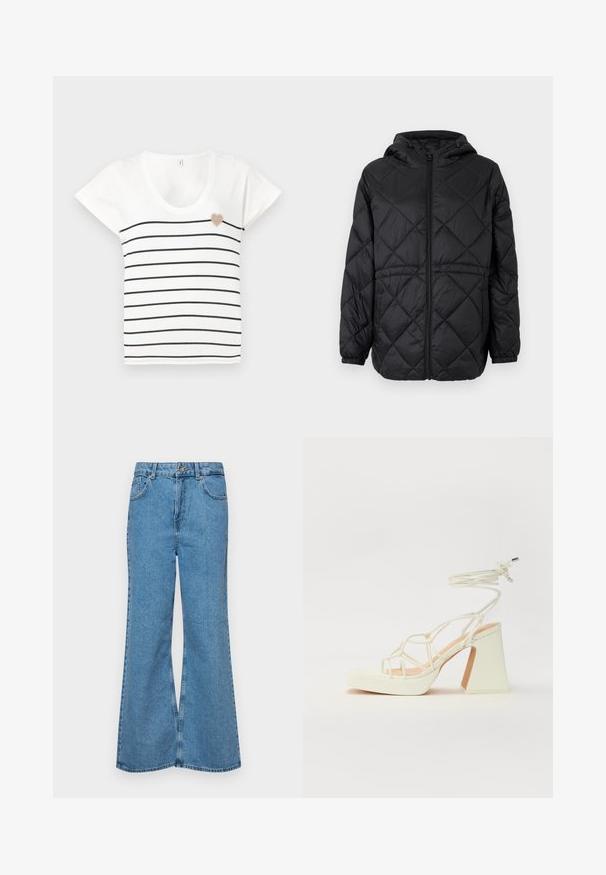 Juodas siuvinėtas pūkinis švarkas su gobtuvu, priekiniais užtrauktukais ir elastinėmis rankovėmis. Išorinis audinys turi linijinį deimantų raštą.; Balta marškinėliai su juodais horizontaliais dryžiais, apvaliu kaklu ir trumpomis rankovėmis. Krūtinėje yra bežėlės širdies formos siuvinėjimas.; Šviesiai mėlynos flared džinsai, pagaminti iš džinsinio audinio, su aukštu liemeniu, penkiomis kišenėmis ir vienu mygtuko užsegimu. Minkštas paviršius su išblukusiu efektu.; Balti aukštakulniai sandalai su masyviu kulnu, su dirželių dizainu ir kulkšnies raiščiu. Lygi tekstūra su platforma priekyje, suteikianti papildomą aukštį.